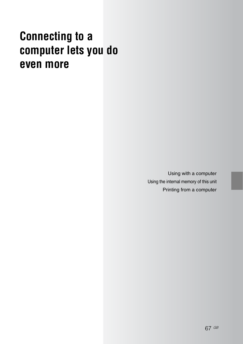 Connecting to acomputer lets you doeven more, Connecting to a computer lets you do even more | Sony S-Frame 4-155-700-17 (1) User Manual | Page 67 / 110