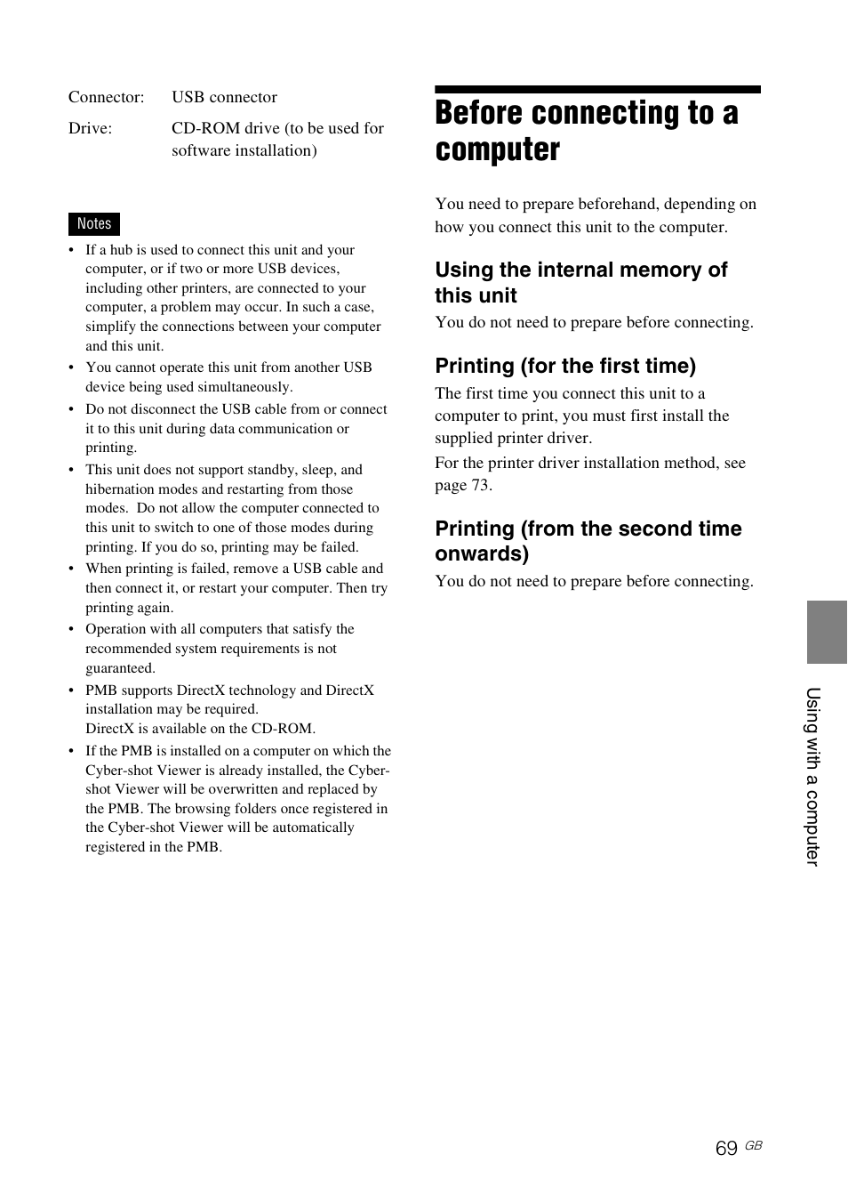 Before connecting to a computer, Printing (for the first time), Printing (from the second time onwards) | Sony S-Frame 4-155-700-17 (1) User Manual | Page 69 / 110