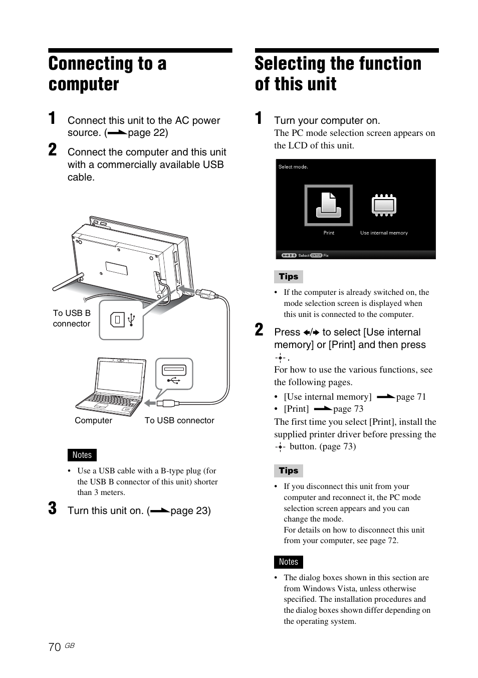 Connecting to a computer, Selecting the function of this unit, Selecting the function of this unit .70 | Ge 70) | Sony S-Frame 4-155-700-17 (1) User Manual | Page 70 / 110