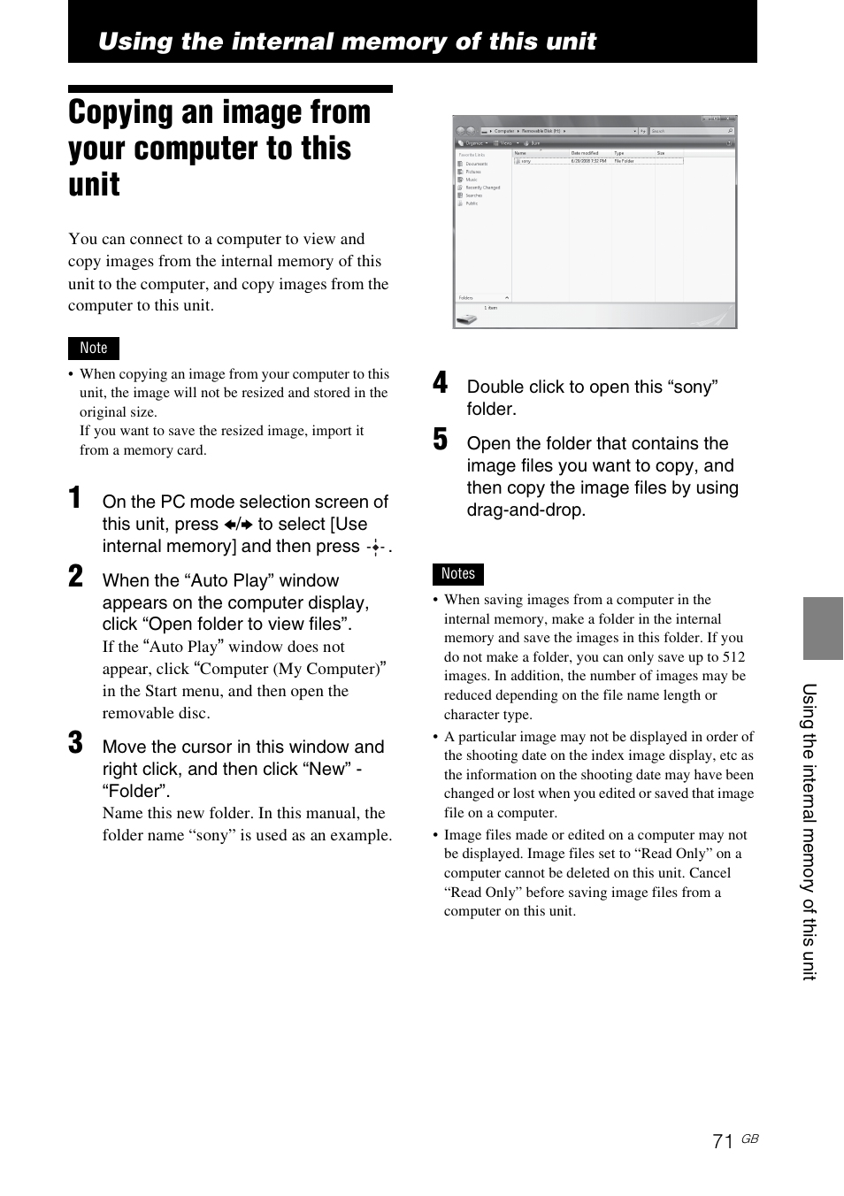 Using the internal memory of this unit, Copying an image from your computer to this unit | Sony S-Frame 4-155-700-17 (1) User Manual | Page 71 / 110