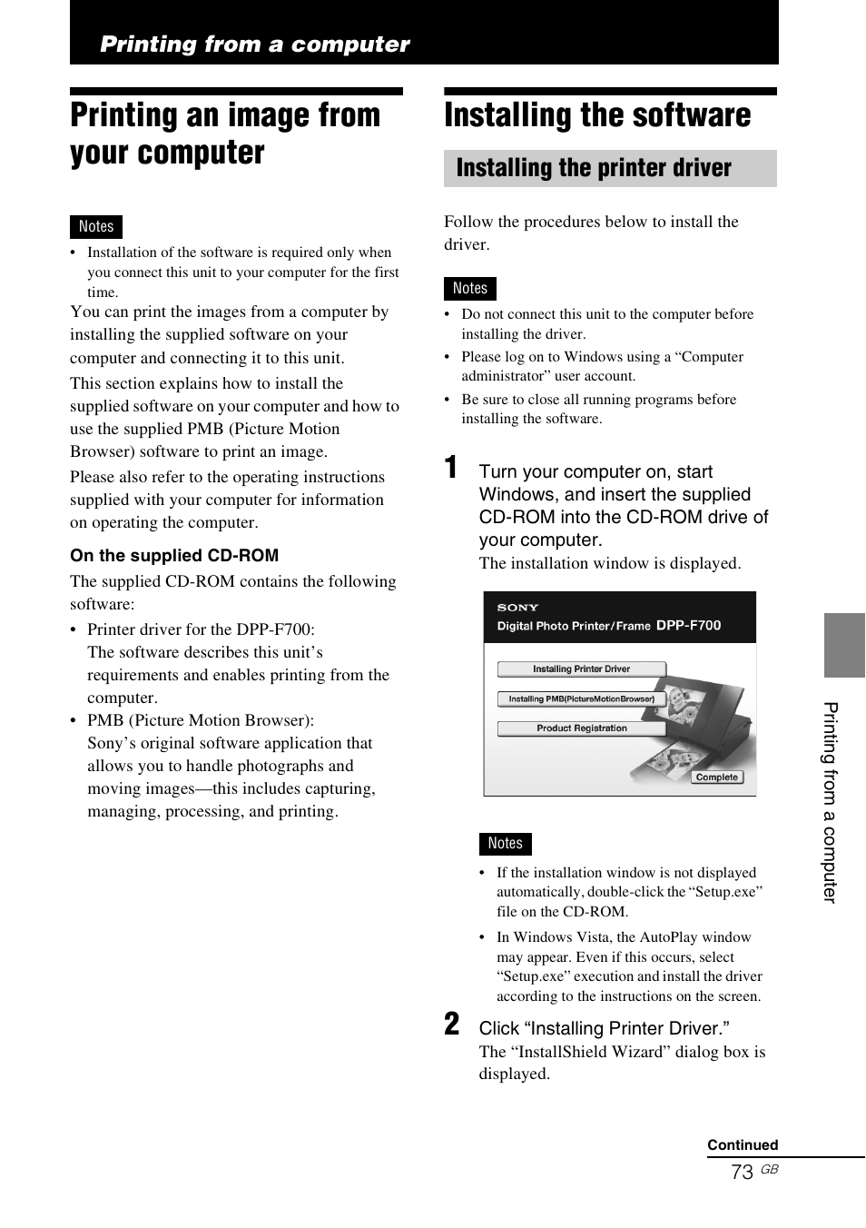 Printing from a computer, Printing an image from your computer, Installing the software | Installing the printer driver, E 73) | Sony S-Frame 4-155-700-17 (1) User Manual | Page 73 / 110