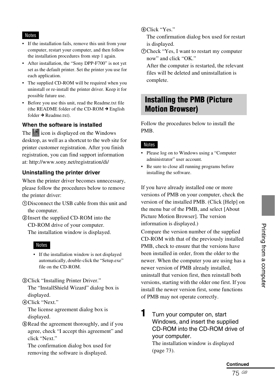 Installing the pmb (picture motion browser) | Sony S-Frame 4-155-700-17 (1) User Manual | Page 75 / 110