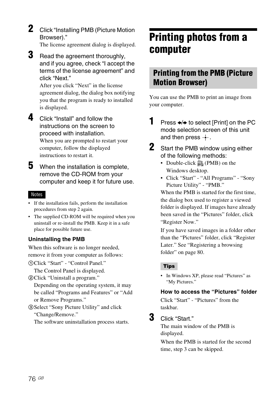 Printing photos from a computer, Printing from the pmb (picture motion browser), Printing photos from a computer .76 | Sony S-Frame 4-155-700-17 (1) User Manual | Page 76 / 110