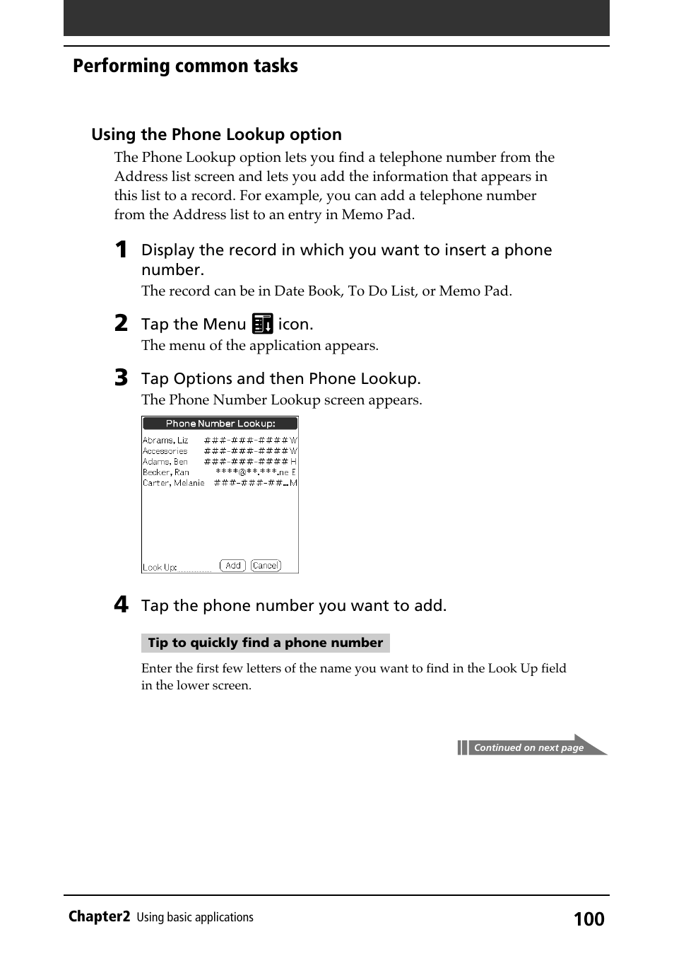 Phone lookup, Performing common tasks | Sony PEG-N710C User Manual | Page 100 / 218