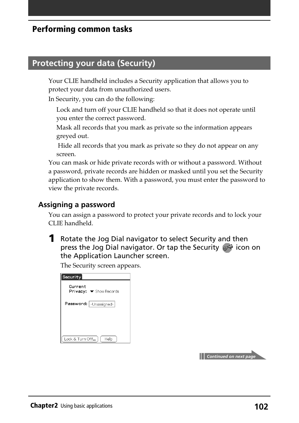 Protecting your data (security), Security, Performing common tasks | Sony PEG-N710C User Manual | Page 102 / 218