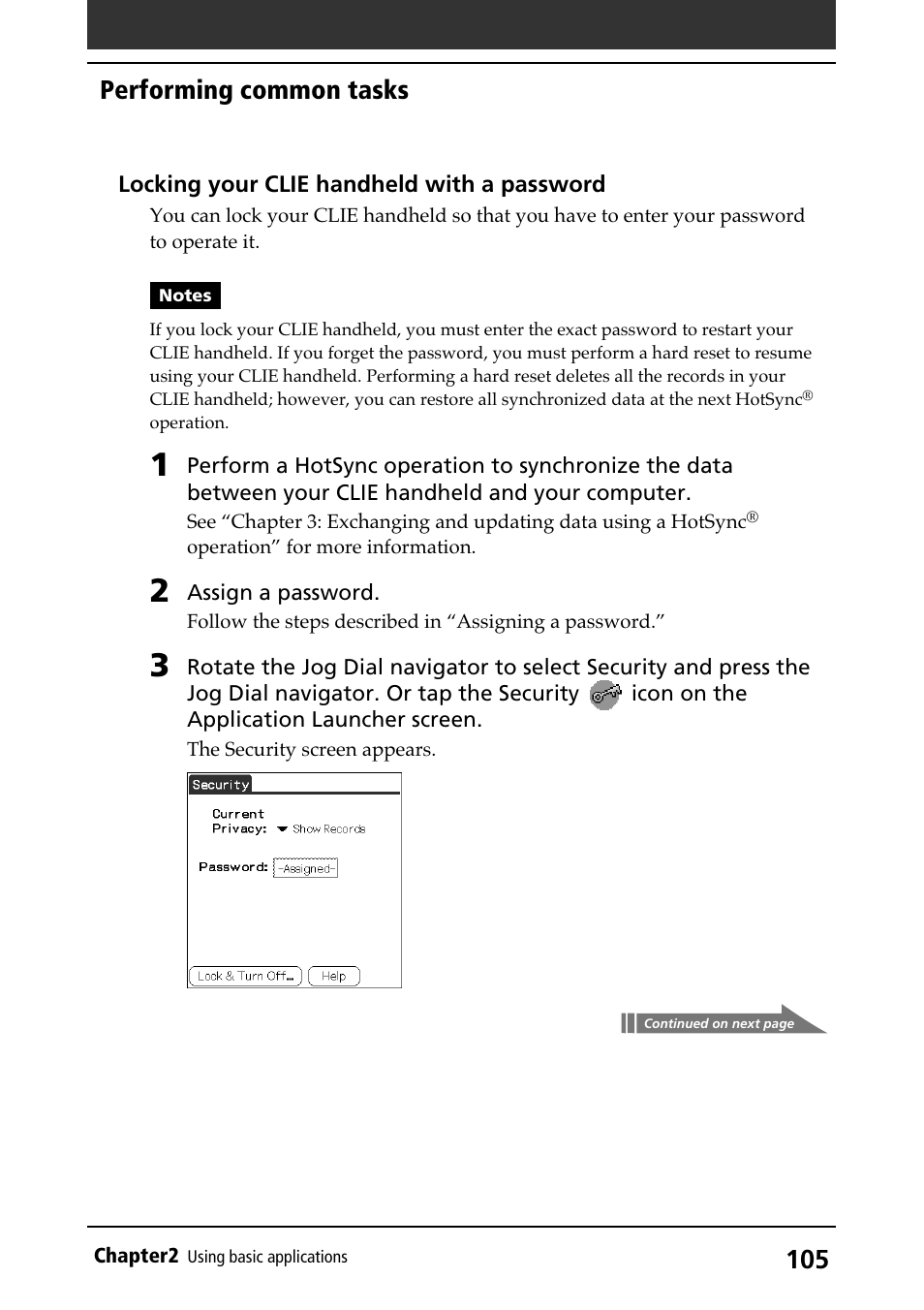Locking your clie handheld, Performing common tasks | Sony PEG-N710C User Manual | Page 105 / 218