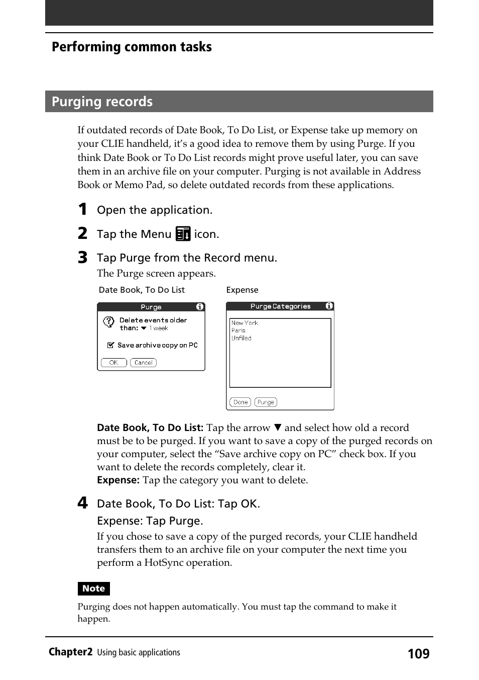 Purging records, Purging items, Performing common tasks | Sony PEG-N710C User Manual | Page 109 / 218