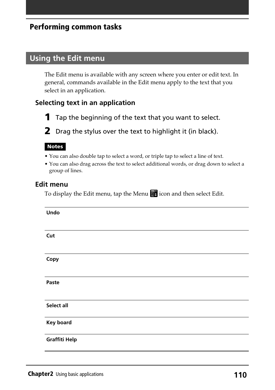 Using the edit menu, Edit menu, Using edit menu | Selecting text in an application, Performing common tasks | Sony PEG-N710C User Manual | Page 110 / 218