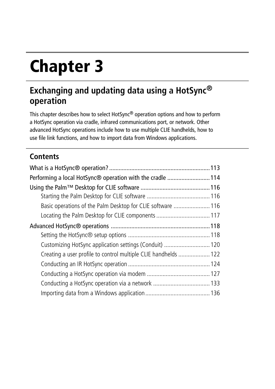 Chapter 3, Exchanging and updating data using a hotsync, Operation | Operation with your computer (chapter 3) | Sony PEG-N710C User Manual | Page 112 / 218