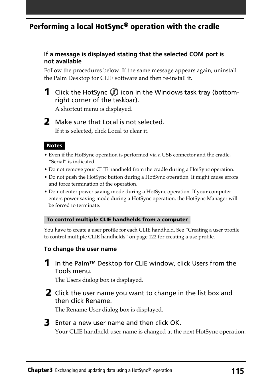 Changing a user name, User name, Performing a local hotsync | Operation with the cradle | Sony PEG-N710C User Manual | Page 115 / 218