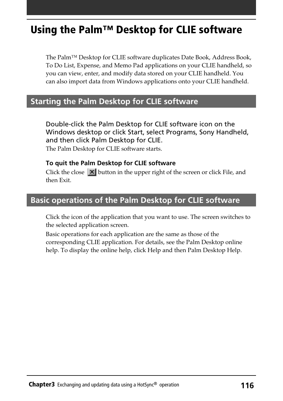 Using the palm™ desktop for clie software, Starting the palm desktop for clie software, Basic operations | Starting | Sony PEG-N710C User Manual | Page 116 / 218