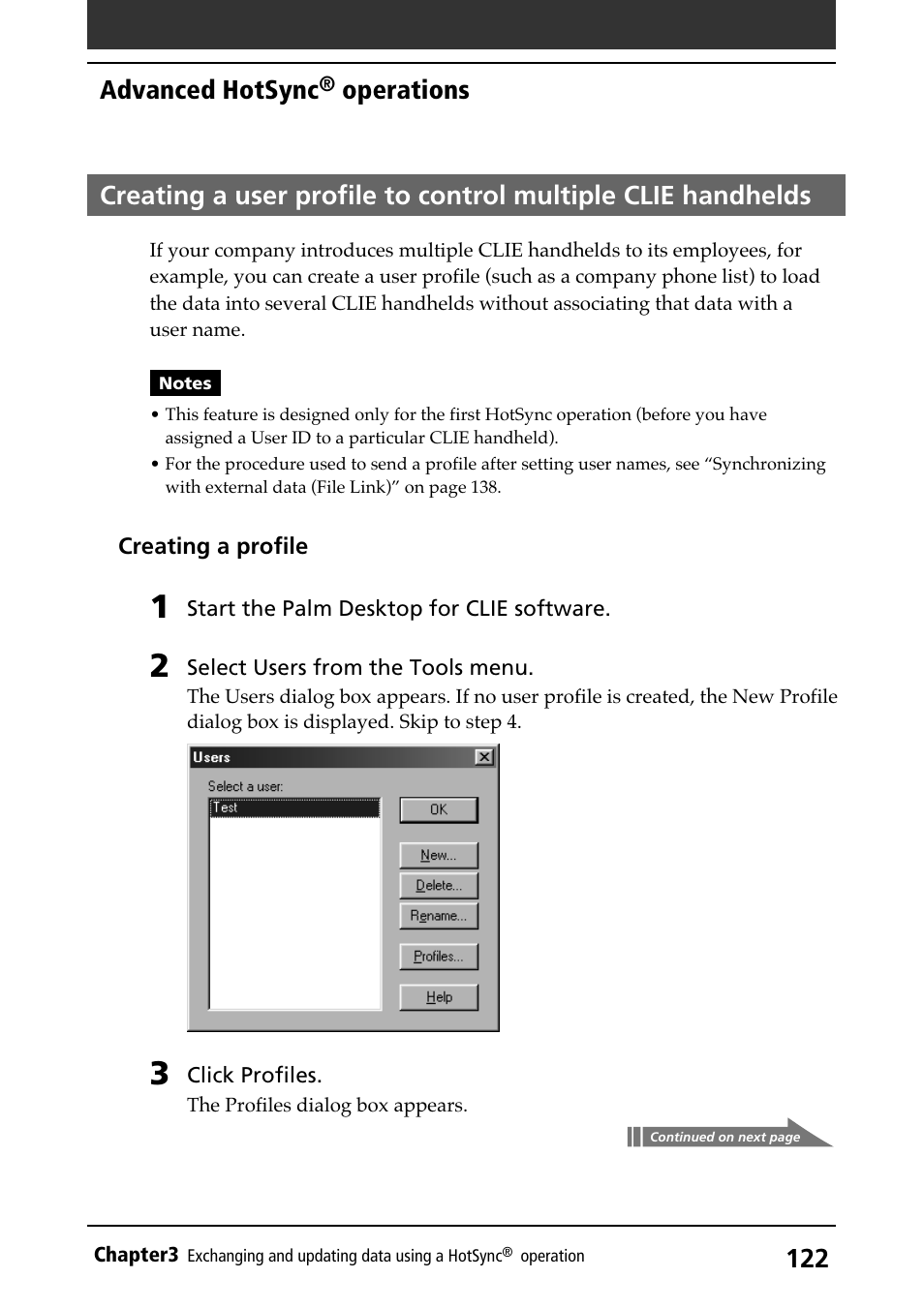 Creating a user profile for multiple clie handheld, Using multiple clie handhelds, Advanced hotsync | Operations | Sony PEG-N710C User Manual | Page 122 / 218