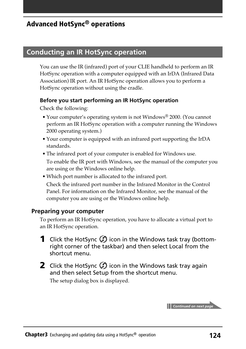 Conducting an ir hotsync operation, Via ir ports, Advanced hotsync | Operations | Sony PEG-N710C User Manual | Page 124 / 218