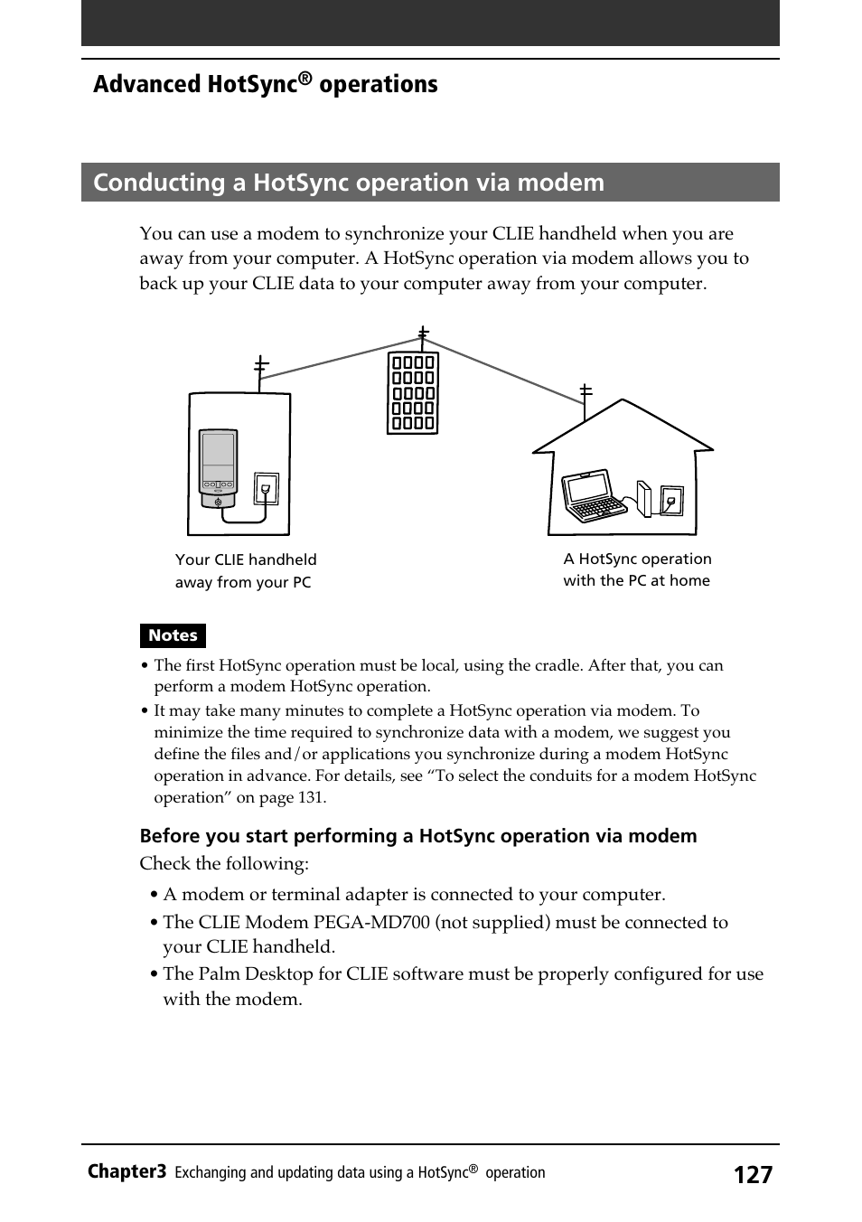 Conducting a hotsync operation via modem, Via modem, Advanced hotsync | Operations | Sony PEG-N710C User Manual | Page 127 / 218