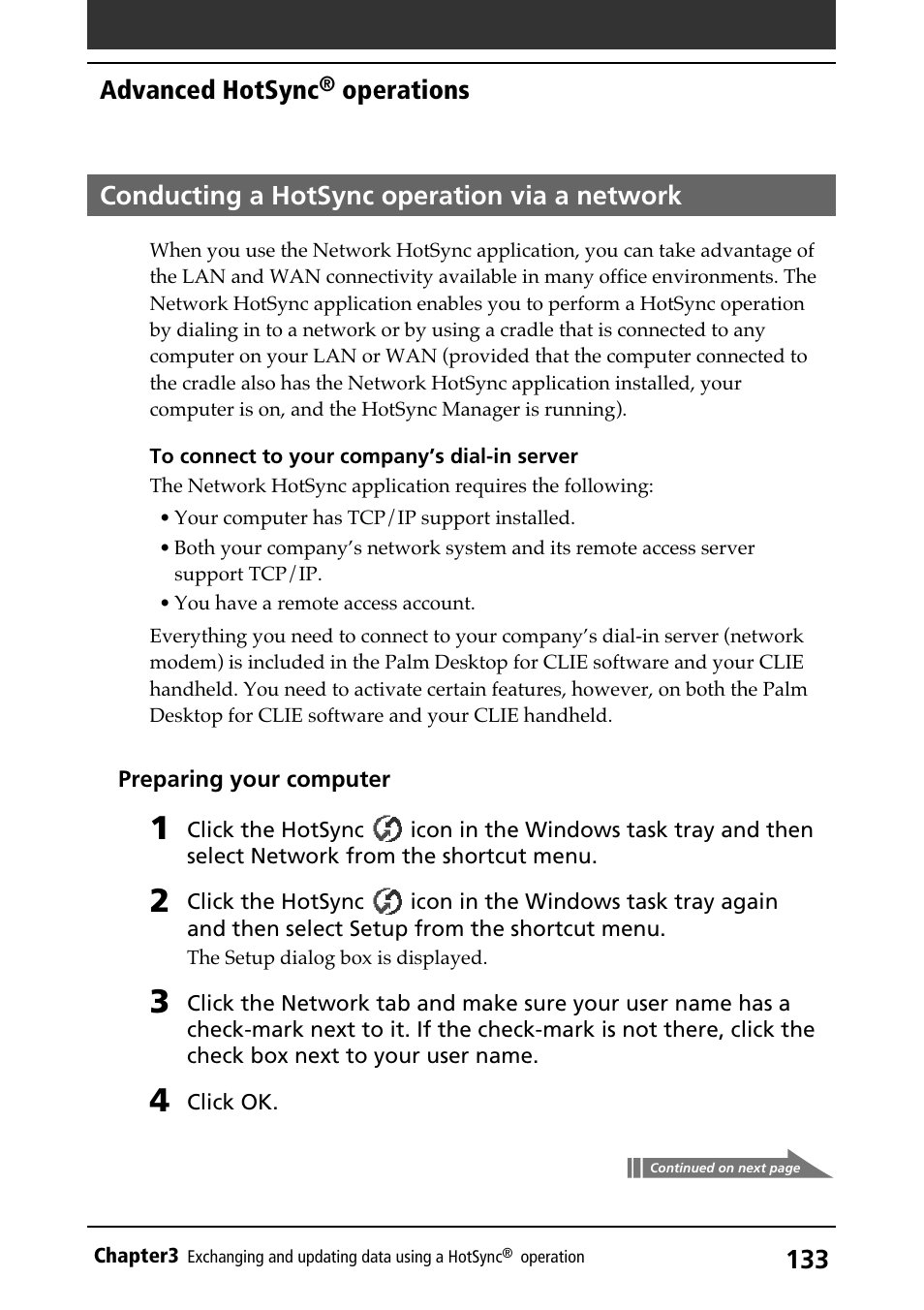 Conducting a hotsync operation via a network, Via network, Advanced hotsync | Operations | Sony PEG-N710C User Manual | Page 133 / 218