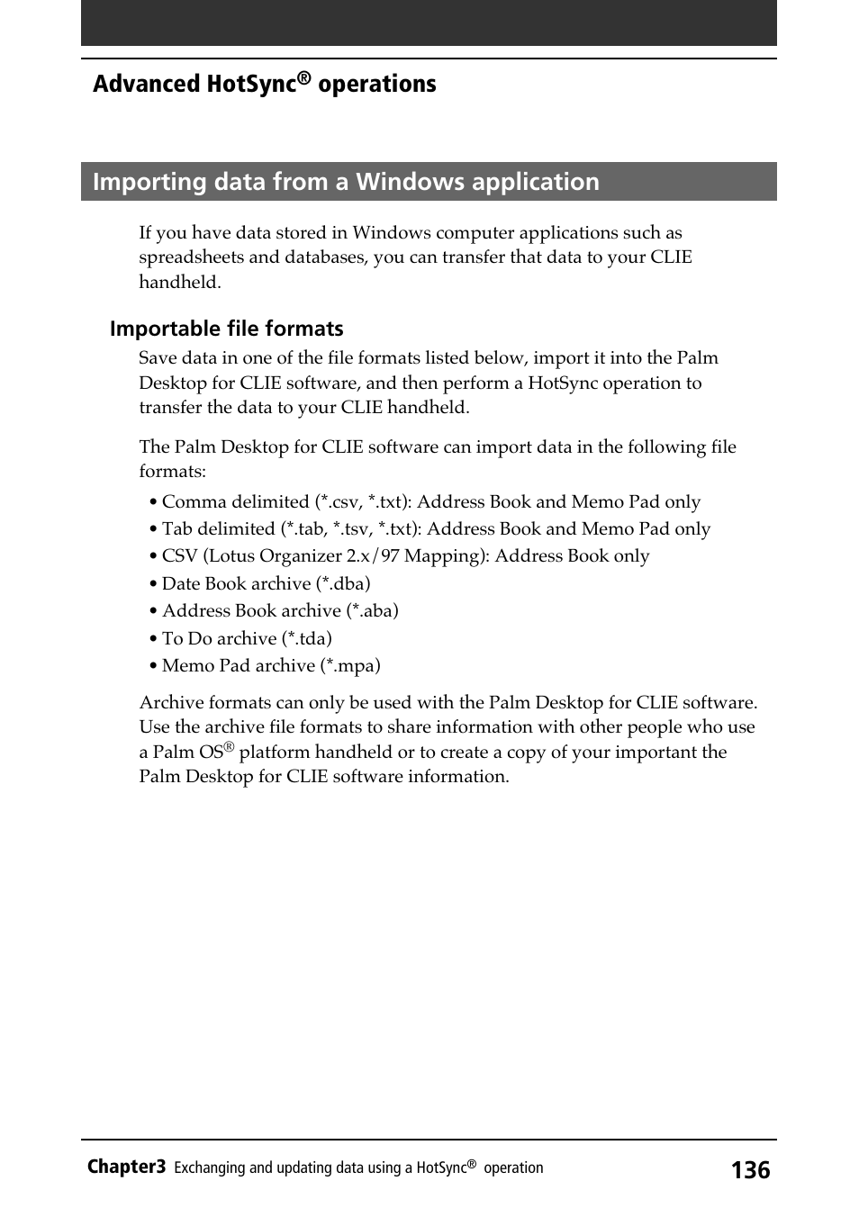 Importing data from a windows application, Advanced hotsync, Operations | Sony PEG-N710C User Manual | Page 136 / 218