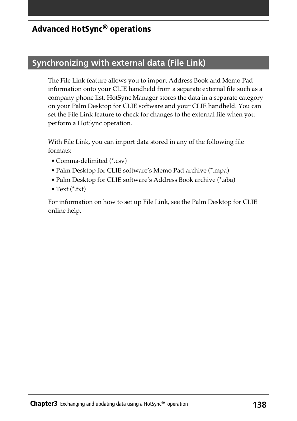 Synchronizing with external data (file link), File link, Advanced hotsync | Operations | Sony PEG-N710C User Manual | Page 138 / 218