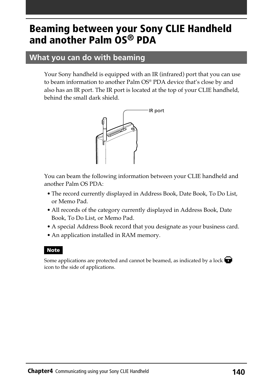 What you can do with beaming, Between two handhelds, Ir port | Sony PEG-N710C User Manual | Page 140 / 218