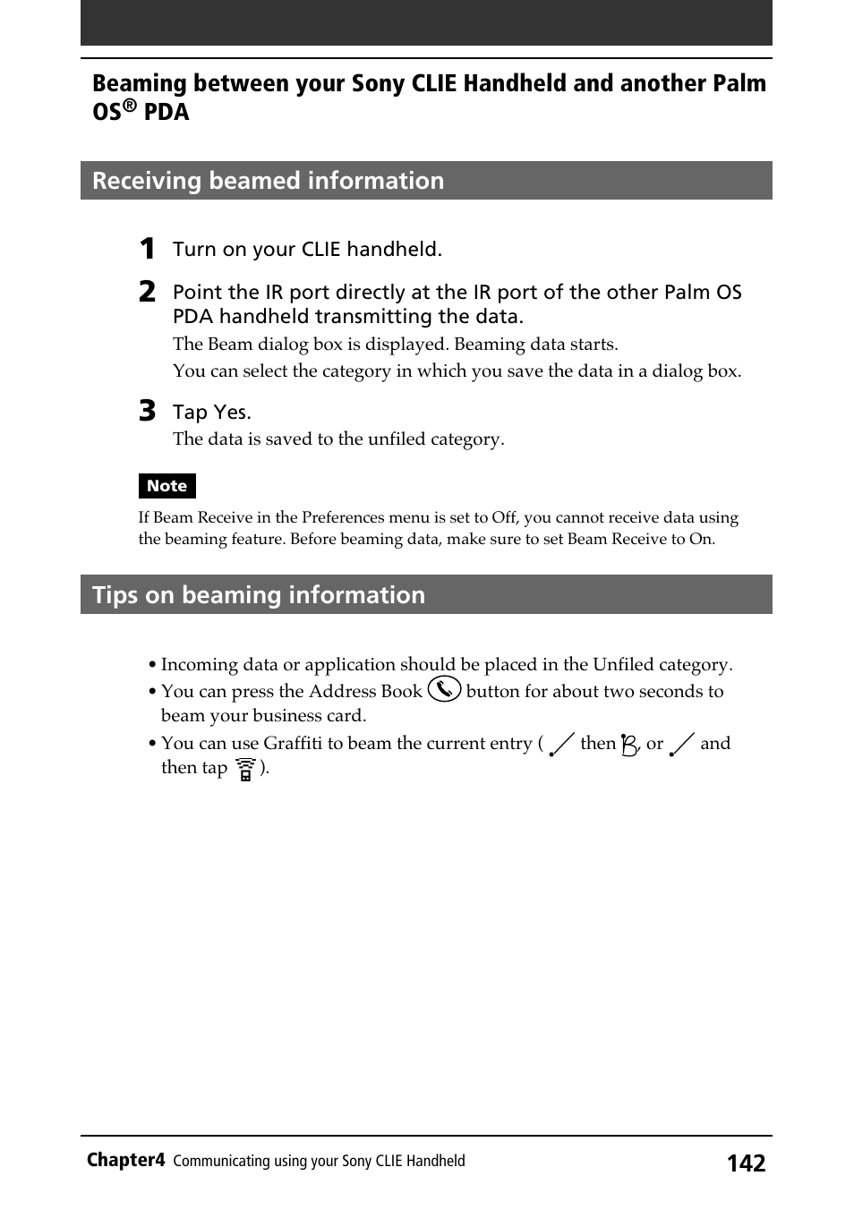 Receiving beamed information, Tips on beaming information, Receiving data | Tips on beaming between two handhelds | Sony PEG-N710C User Manual | Page 142 / 218