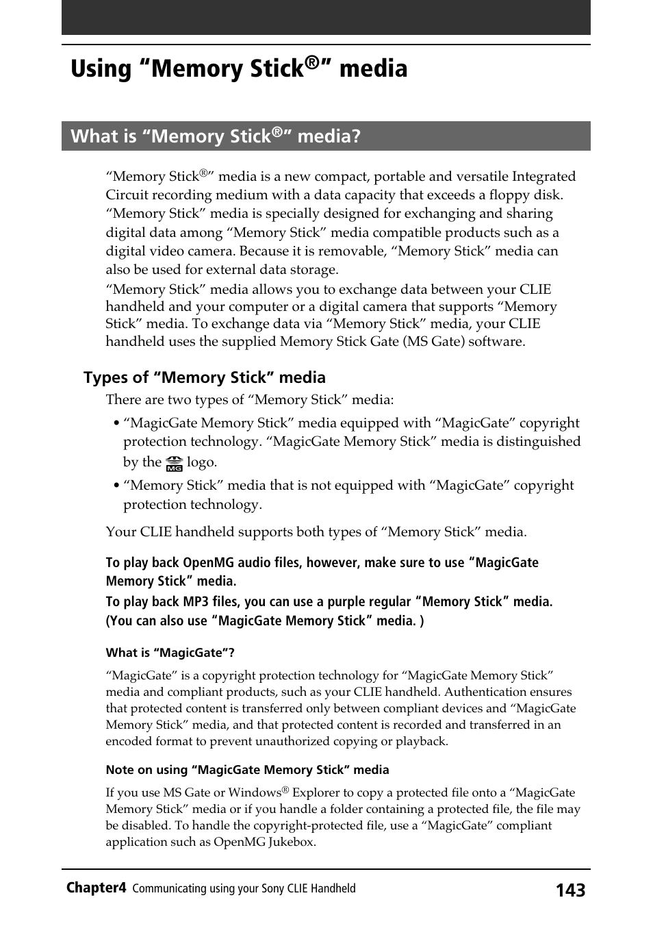 Using “memory stick®” media, What is “memory stick®” media, Overview | Types, Using “memory stick, Media, What is “memory stick | Sony PEG-N710C User Manual | Page 143 / 218