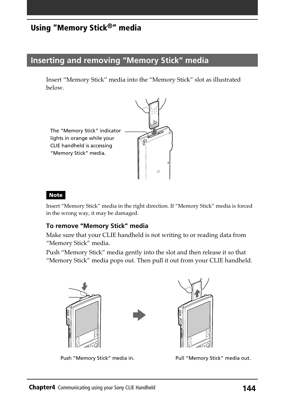 Inserting and removing “memory stick” media, Memory stick” indicator, Inserting and removing | Media | Sony PEG-N710C User Manual | Page 144 / 218