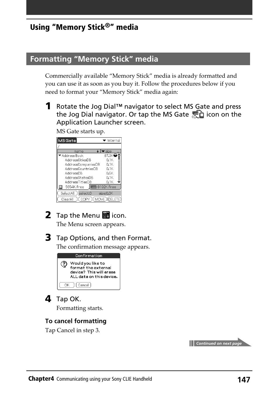 Formatting “memory stick” media, Formatting, Media | Sony PEG-N710C User Manual | Page 147 / 218