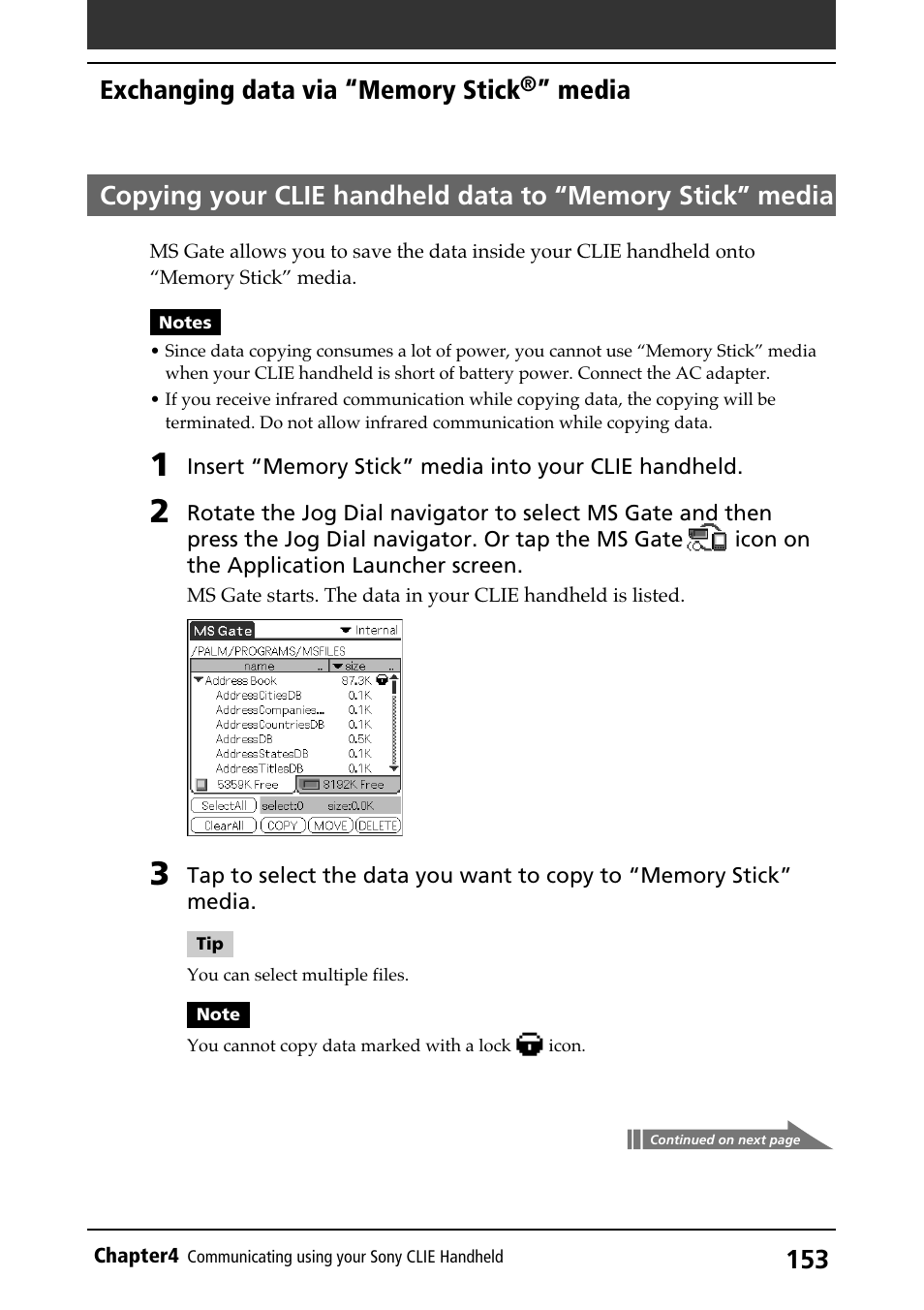 Copying data to “memory stick” media, Copying clie data to “memory stick” media, Media | Sony PEG-N710C User Manual | Page 153 / 218