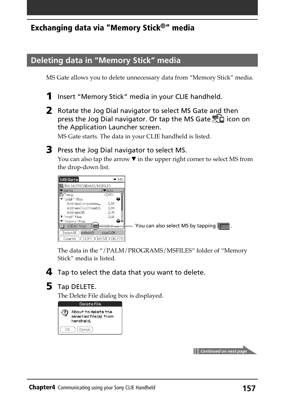 Deleting data in “memory stick” media, Data in “memory stick” media, Deleting data | Sony PEG-N710C User Manual | Page 157 / 218