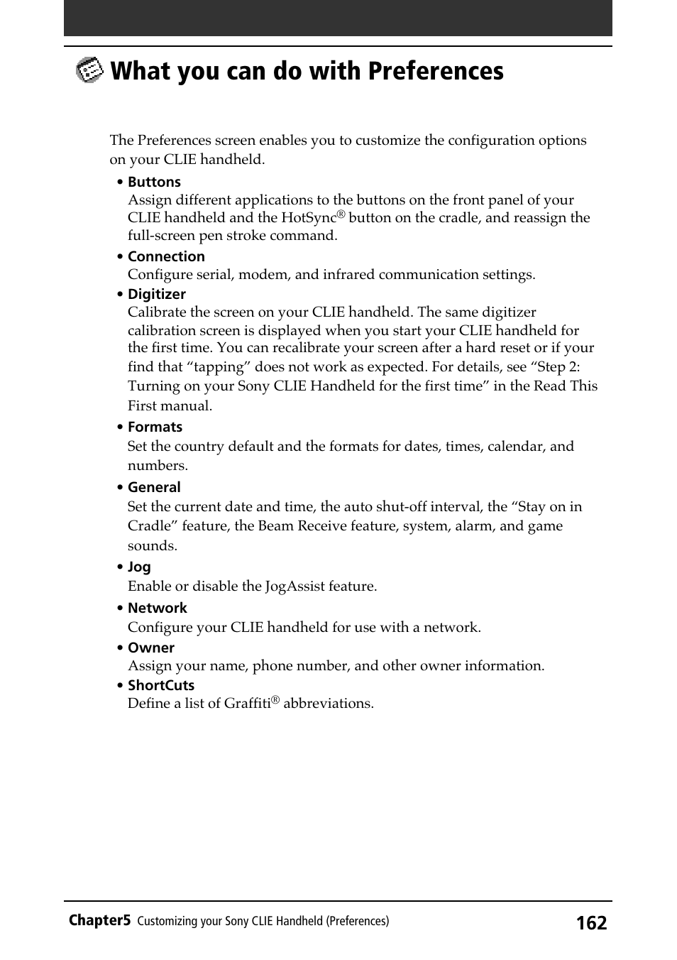 What you can do with preferences, Digitizer, Overview | Sony PEG-N710C User Manual | Page 162 / 218