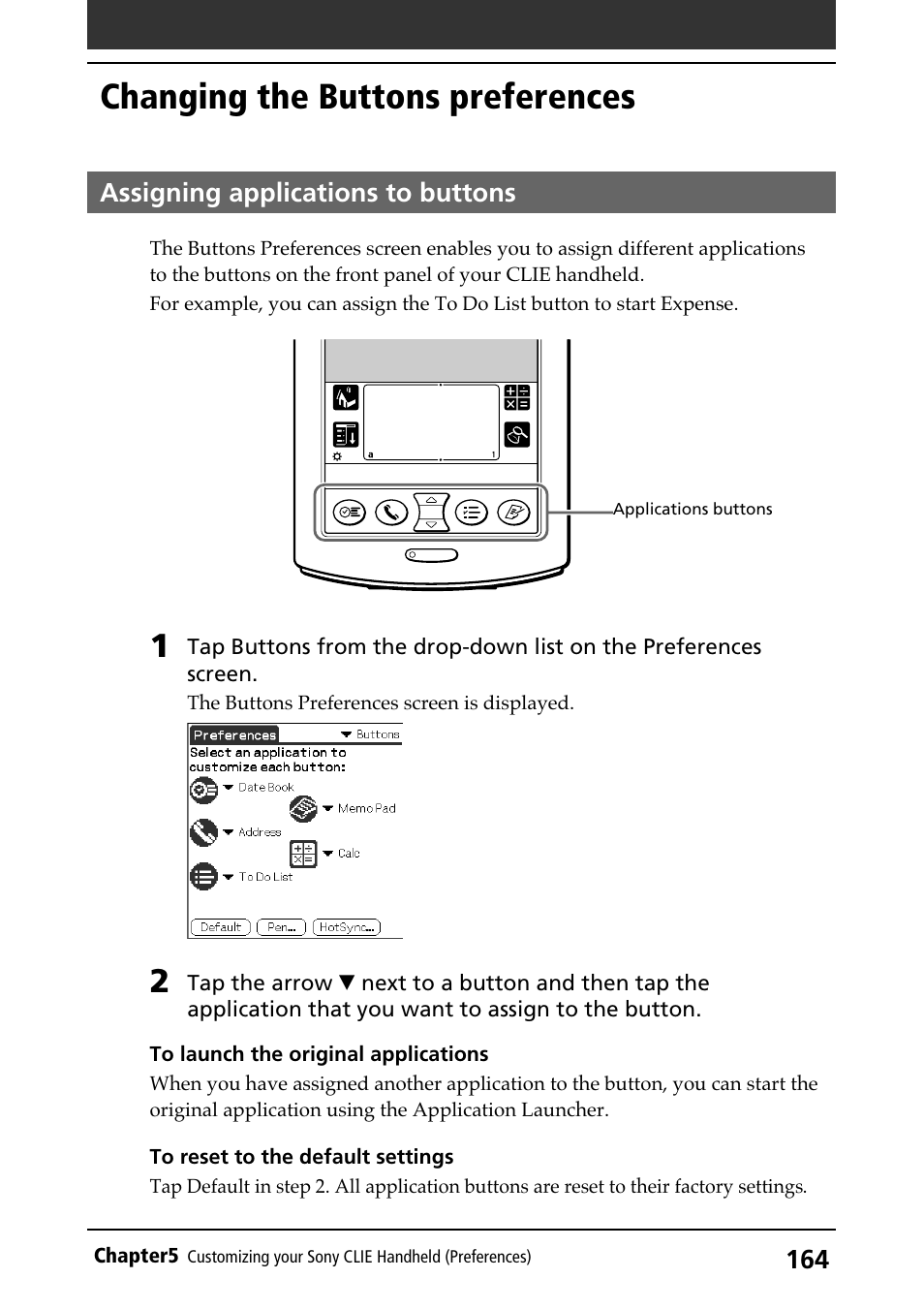 Changing the buttons preferences, Assigning applications to buttons, Buttons | Sony PEG-N710C User Manual | Page 164 / 218