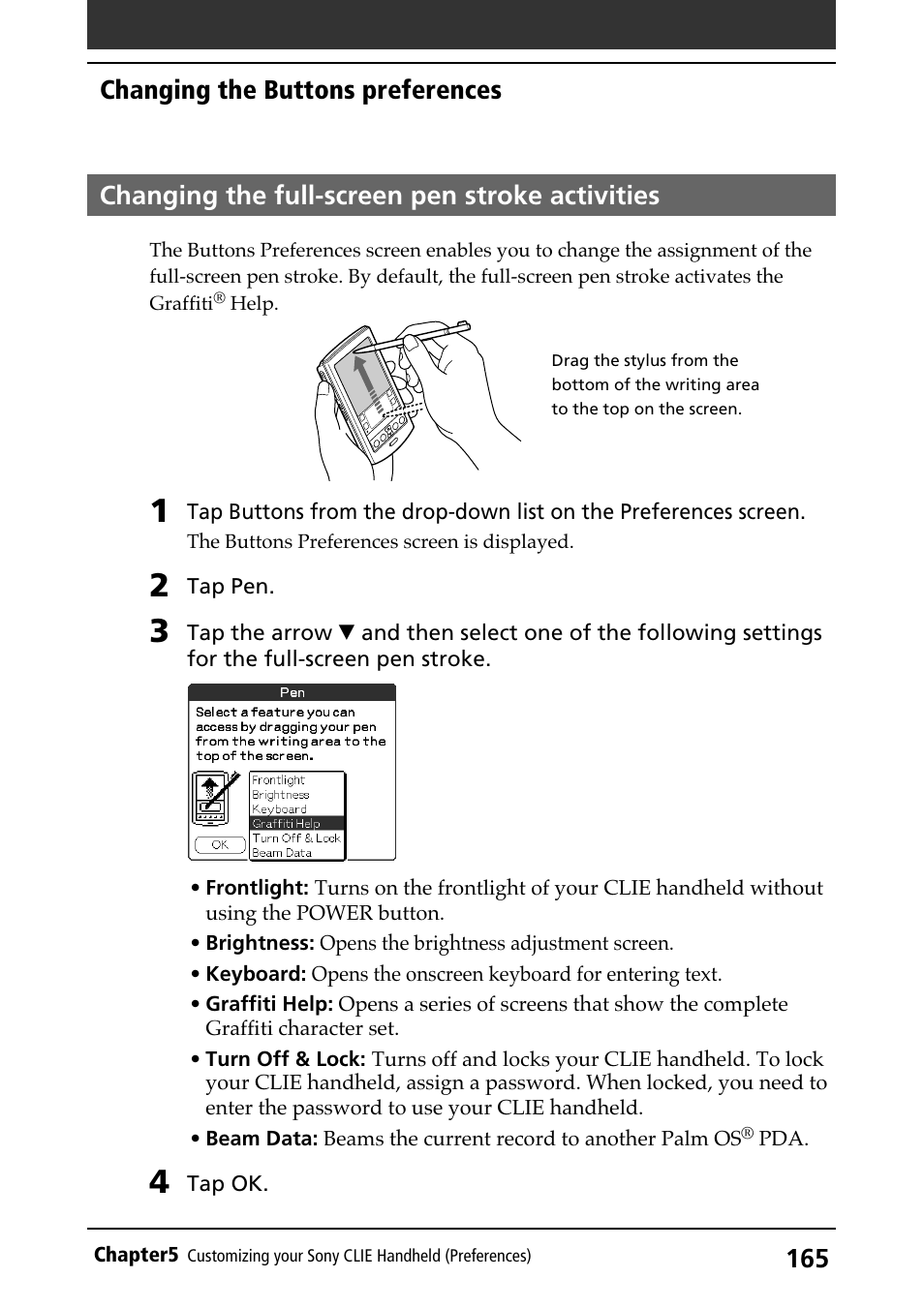Changing the full-screen pen stroke activities, Full-screen pen stroke activities, Changing the buttons preferences | Sony PEG-N710C User Manual | Page 165 / 218