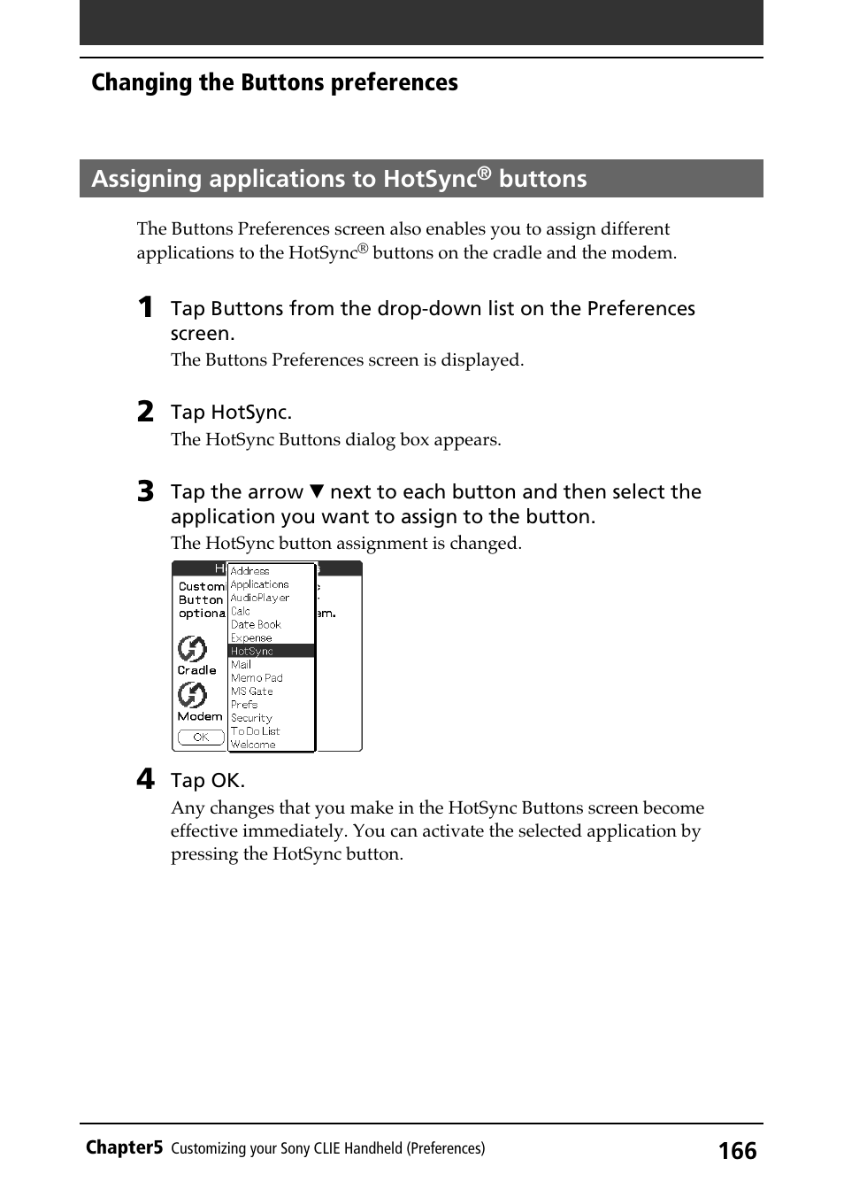 Assigning applications to hotsync® buttons, Hotsync button, Assigning applications to hotsync | Buttons | Sony PEG-N710C User Manual | Page 166 / 218