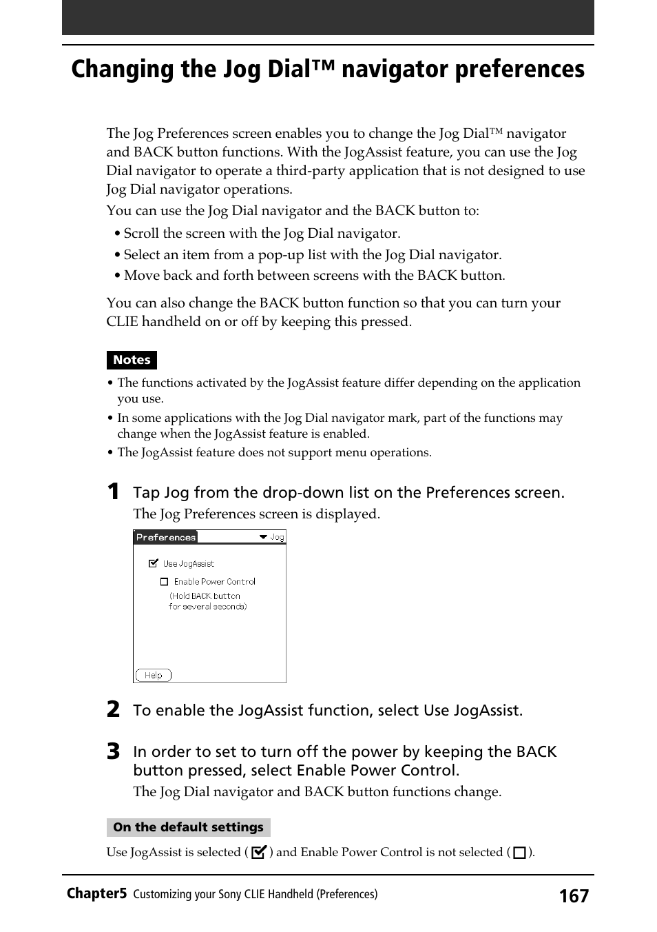 Changing the jog dial™ navigator preferences, Changing preferences, Jogassist function | Jog dial navigator | Sony PEG-N710C User Manual | Page 167 / 218