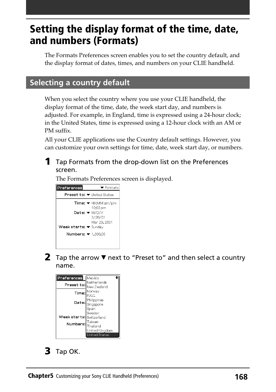 Selecting a country default, Formats, Display formats | Sony PEG-N710C User Manual | Page 168 / 218