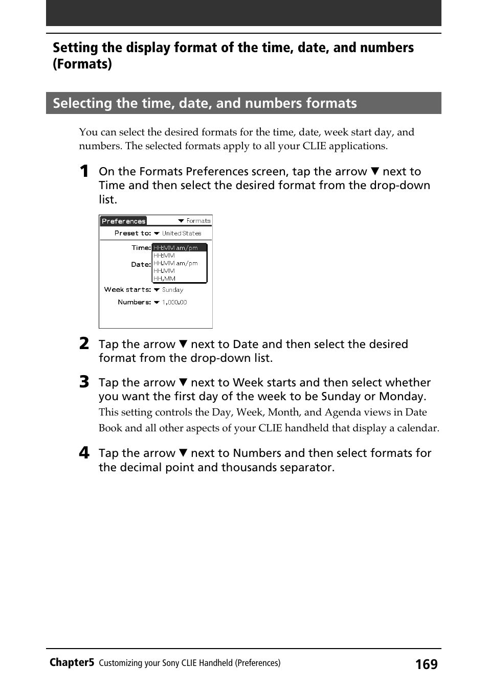 Selecting the time, date, and numbers formats, Time, date, and numbers formats | Sony PEG-N710C User Manual | Page 169 / 218