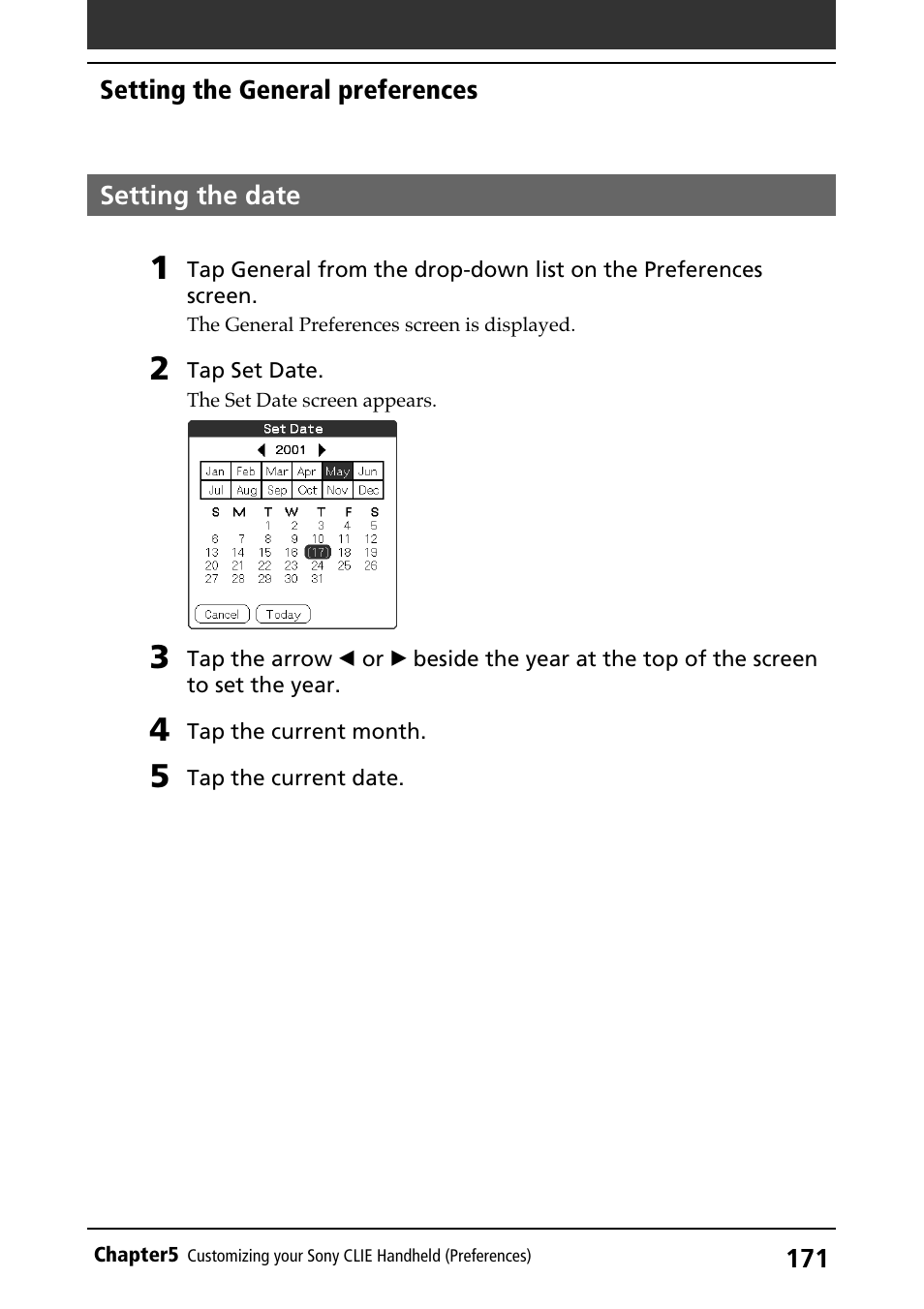 Setting the date, Date | Sony PEG-N710C User Manual | Page 171 / 218