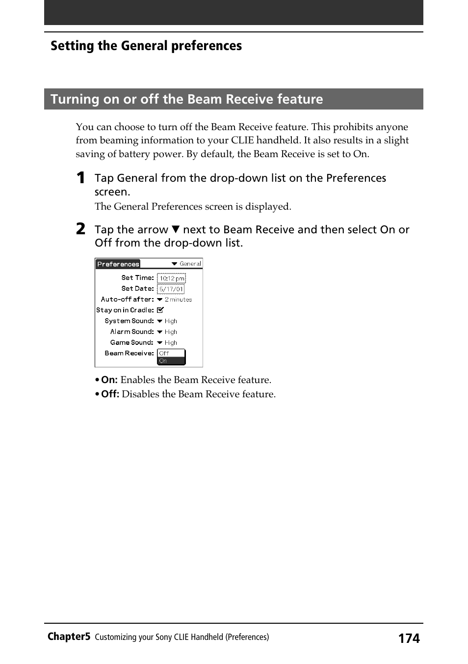 Turning on or off the beam receive feature, Beam receive feature | Sony PEG-N710C User Manual | Page 174 / 218