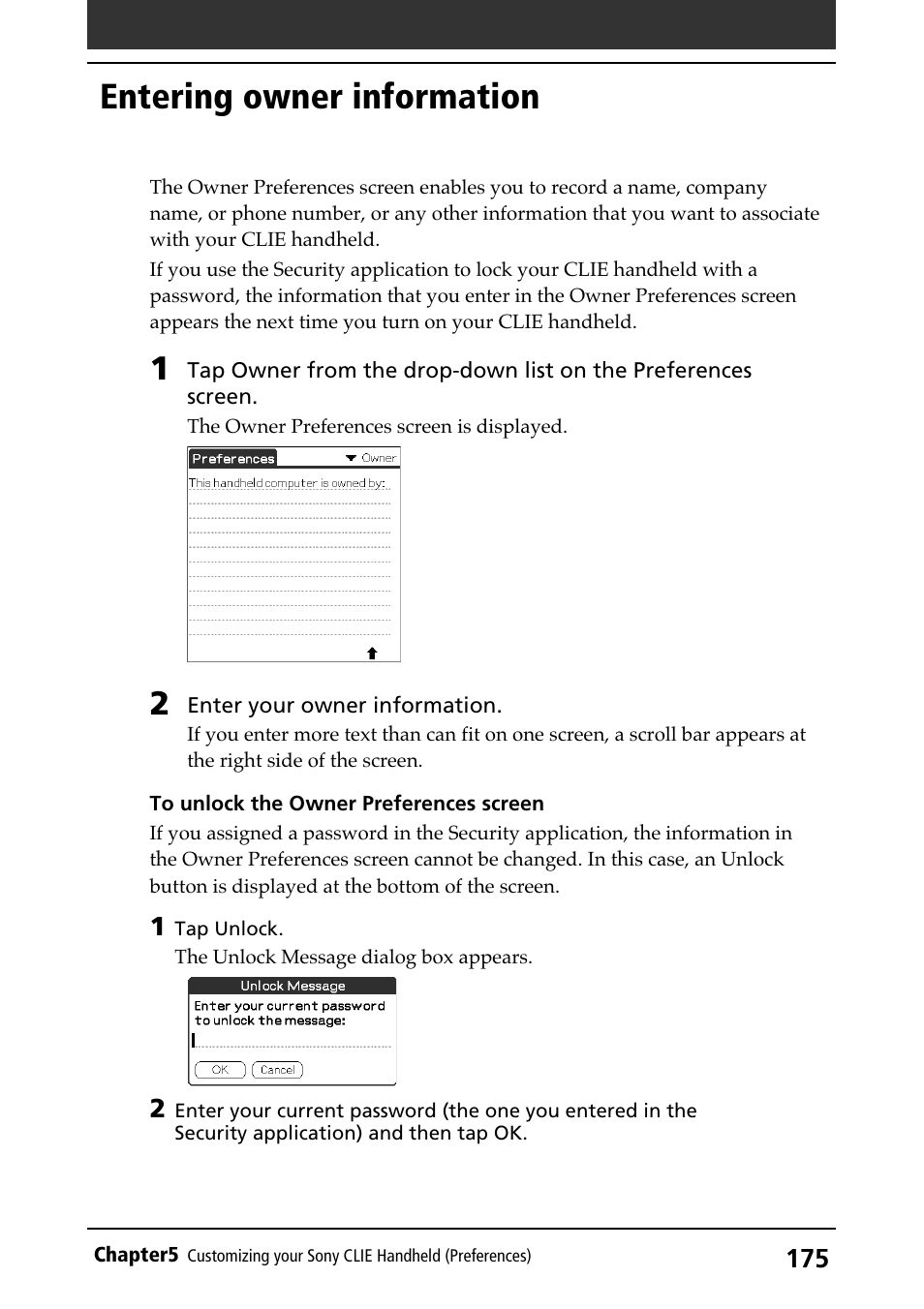 Entering owner information, Owner information | Sony PEG-N710C User Manual | Page 175 / 218