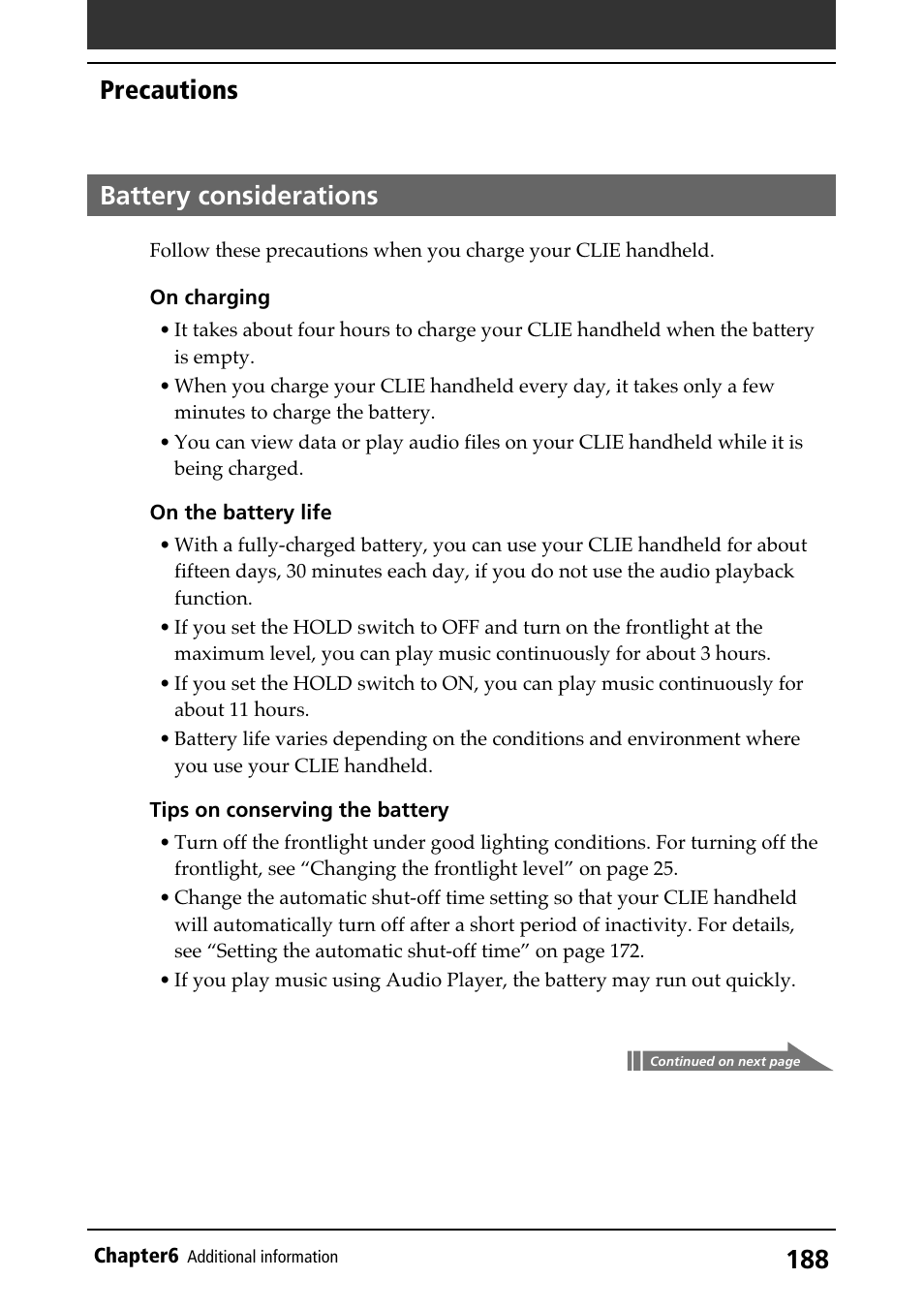 Battery considerations, Tips and notes, Battery life | Precautions | Sony PEG-N710C User Manual | Page 188 / 218