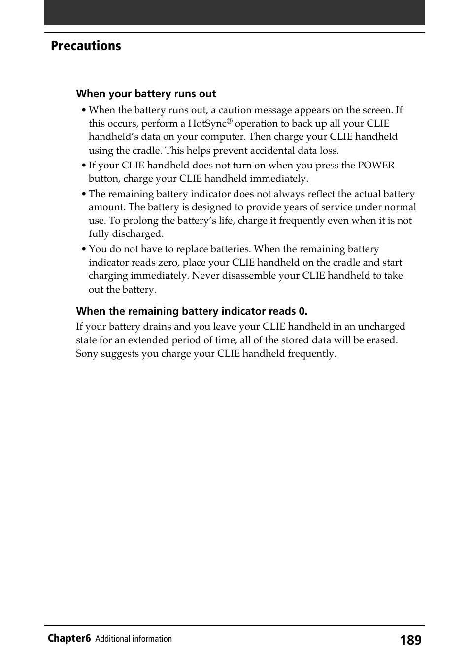 Precautions | Sony PEG-N710C User Manual | Page 189 / 218