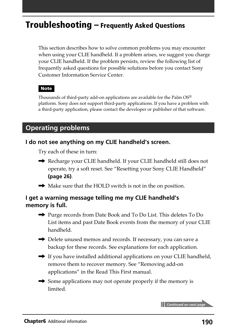 Troubleshooting–frequently asked questions, Frequently asked questions, Operating problems | Faq(frequently asked questions), Operations, Troubleshooting | Sony PEG-N710C User Manual | Page 190 / 218