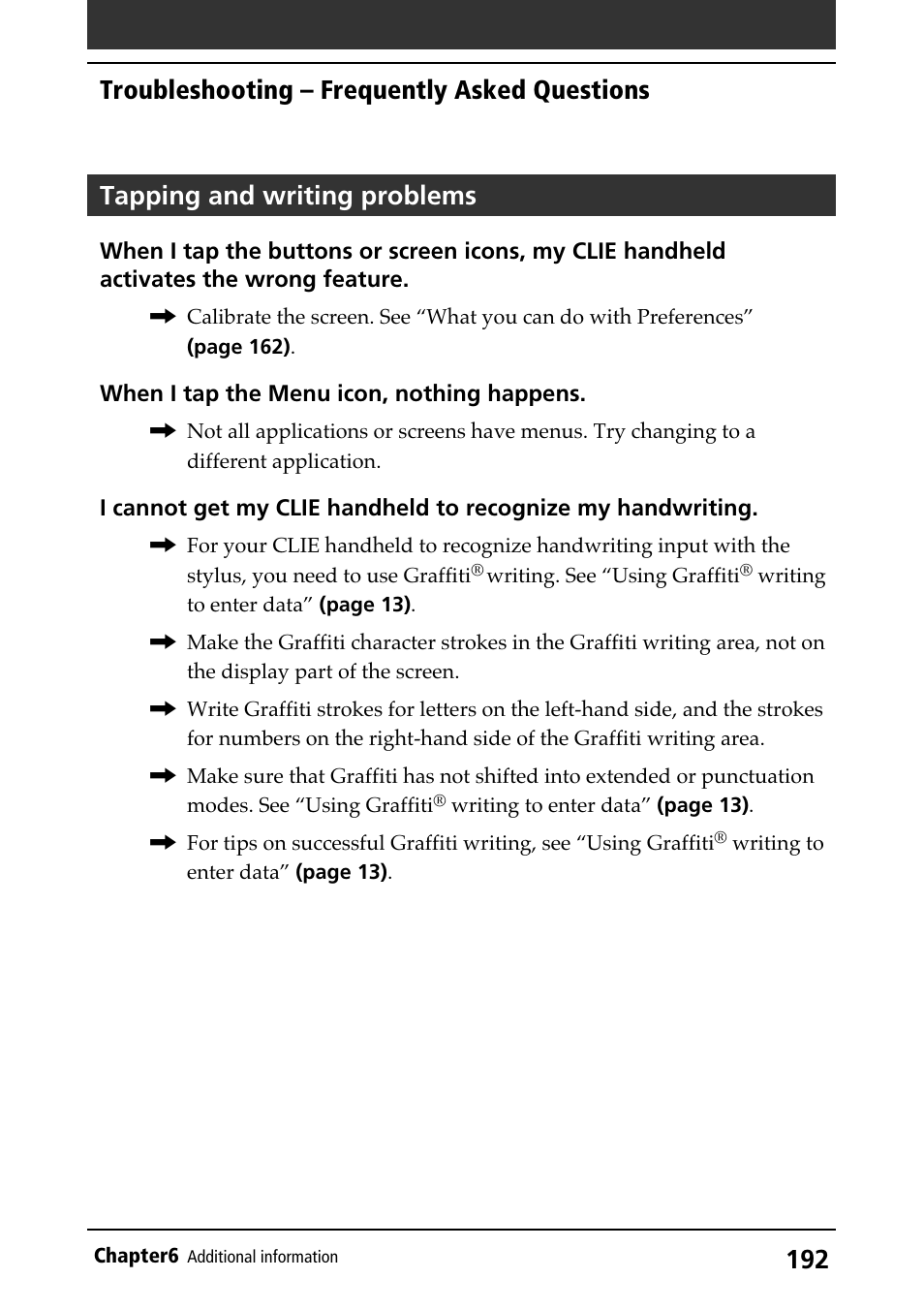 Tapping and writing problems, Tapping and writing, Troubleshooting – frequently asked questions | Sony PEG-N710C User Manual | Page 192 / 218