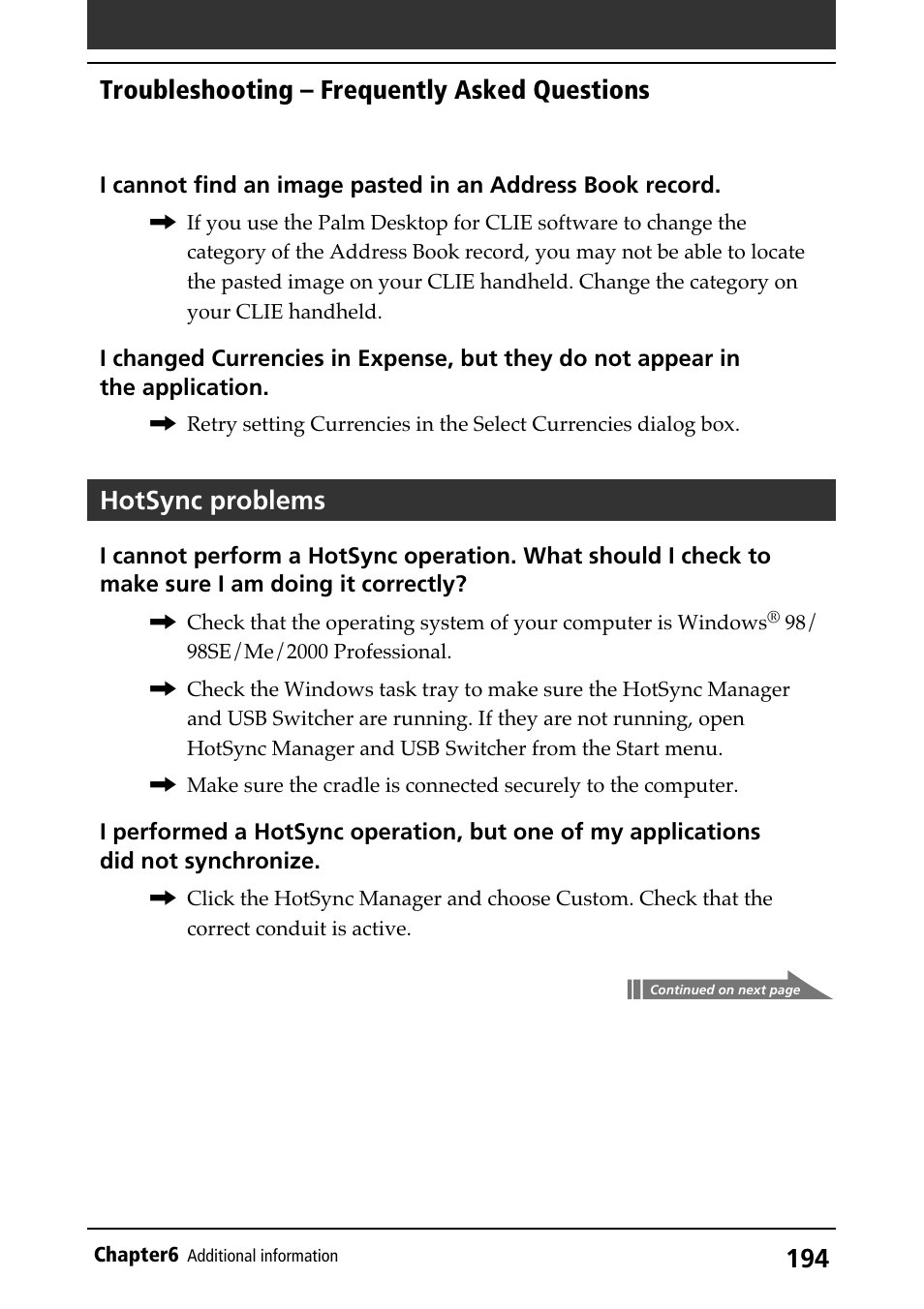 Hotsync problems, Troubleshooting, Hotsync operations | Troubleshooting – frequently asked questions | Sony PEG-N710C User Manual | Page 194 / 218