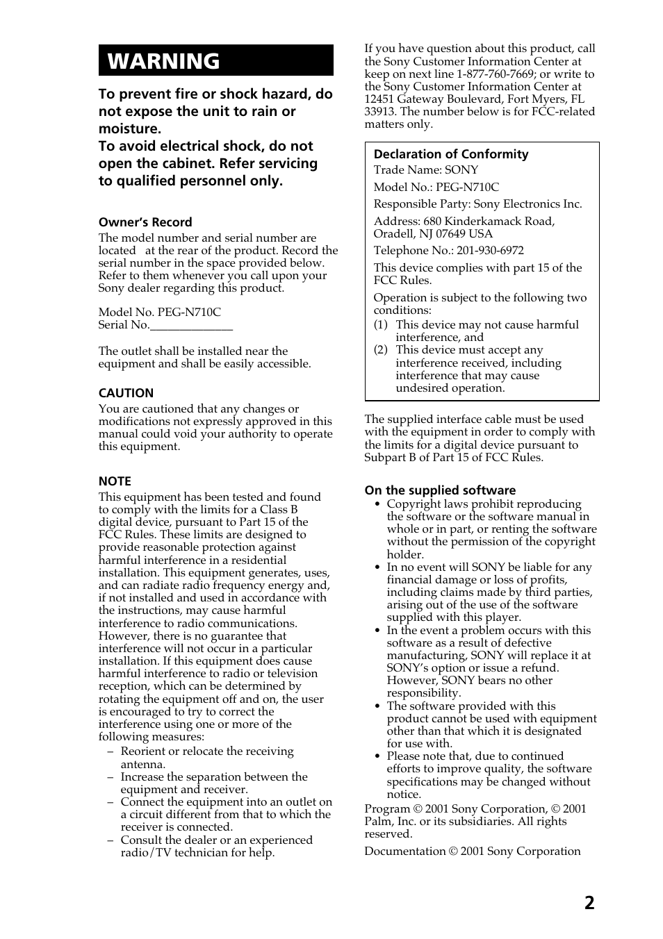 Warning | Sony PEG-N710C User Manual | Page 2 / 218