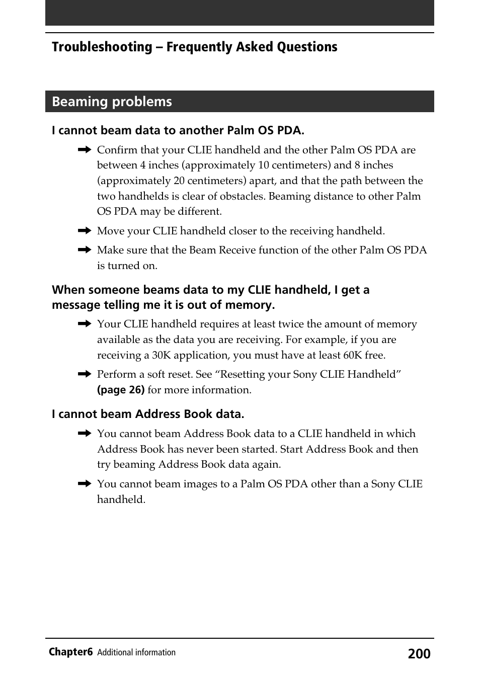 Beaming problems, Troubleshooting, Beaming | Troubleshooting – frequently asked questions | Sony PEG-N710C User Manual | Page 200 / 218