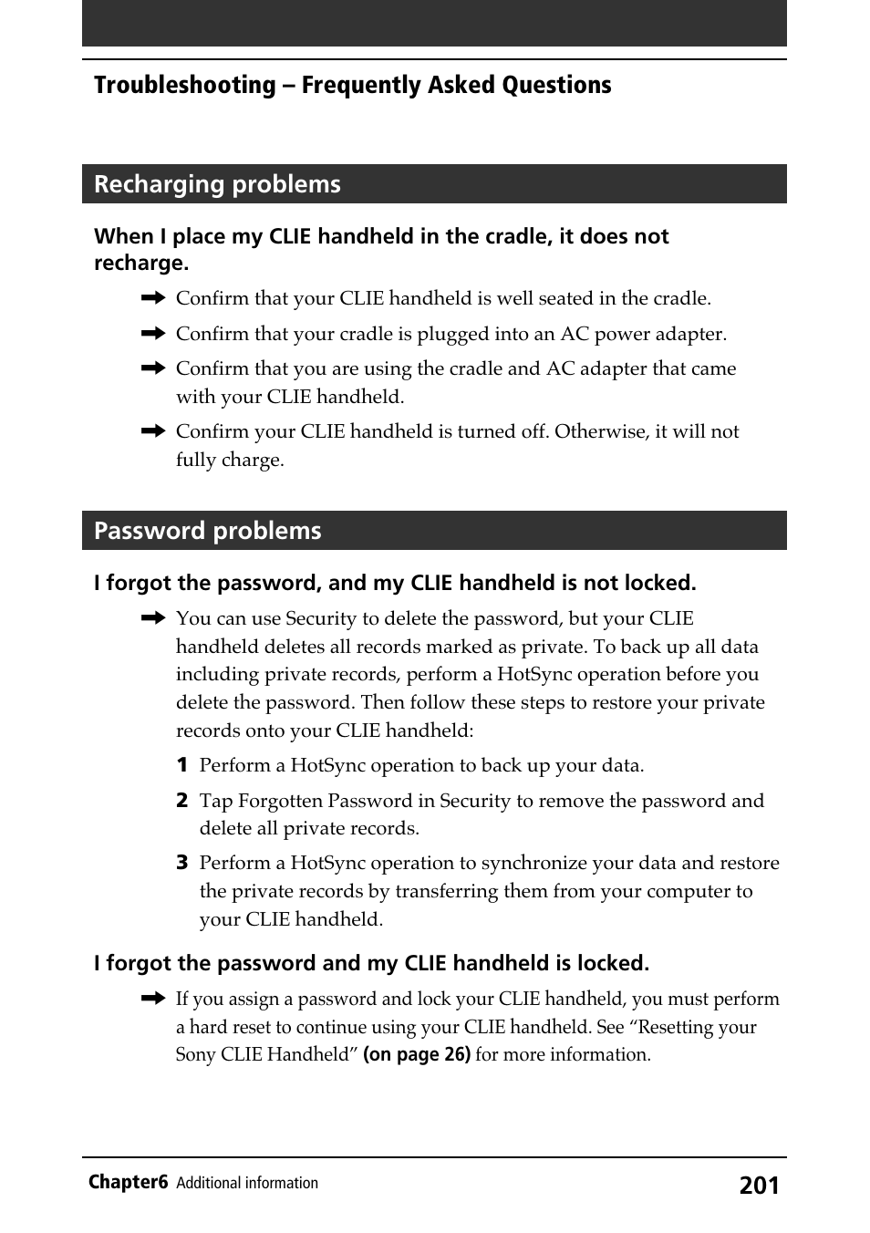 Recharging problems, Password problems, Troubleshooting | Password, Recharging, Troubleshooting – frequently asked questions | Sony PEG-N710C User Manual | Page 201 / 218