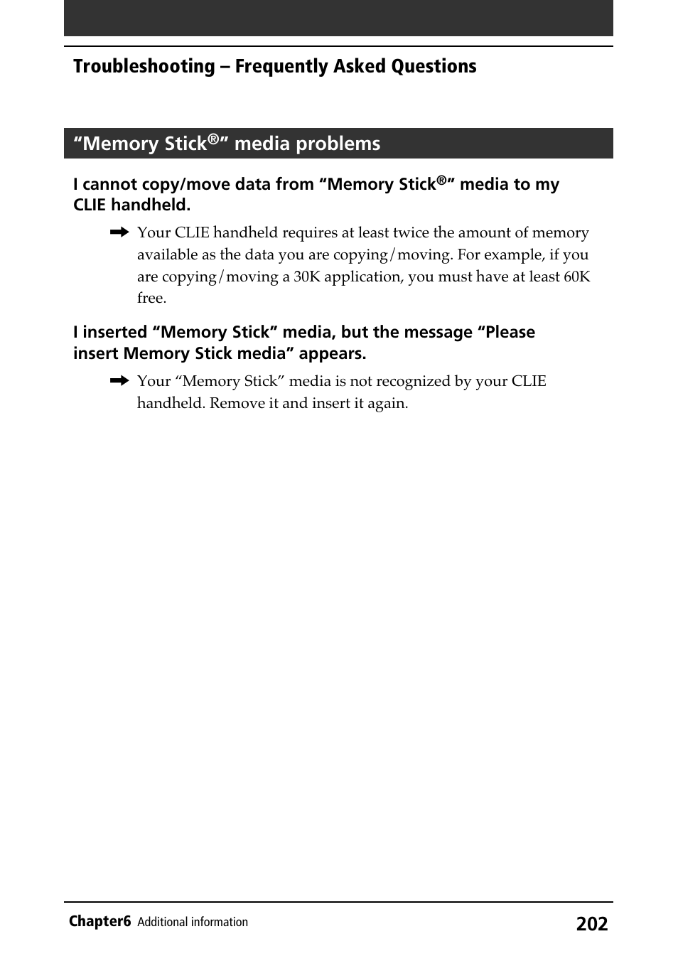 Memory stick ® ” media problems, Troubleshooting, Memory stick” media | Media problems, Troubleshooting – frequently asked questions | Sony PEG-N710C User Manual | Page 202 / 218