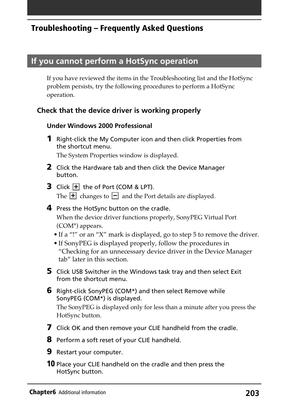 If you cannot perform a hotsync operation, Troubleshooting – frequently asked questions | Sony PEG-N710C User Manual | Page 203 / 218