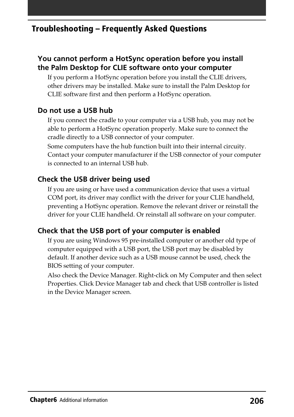 Usb driver, Troubleshooting – frequently asked questions | Sony PEG-N710C User Manual | Page 206 / 218