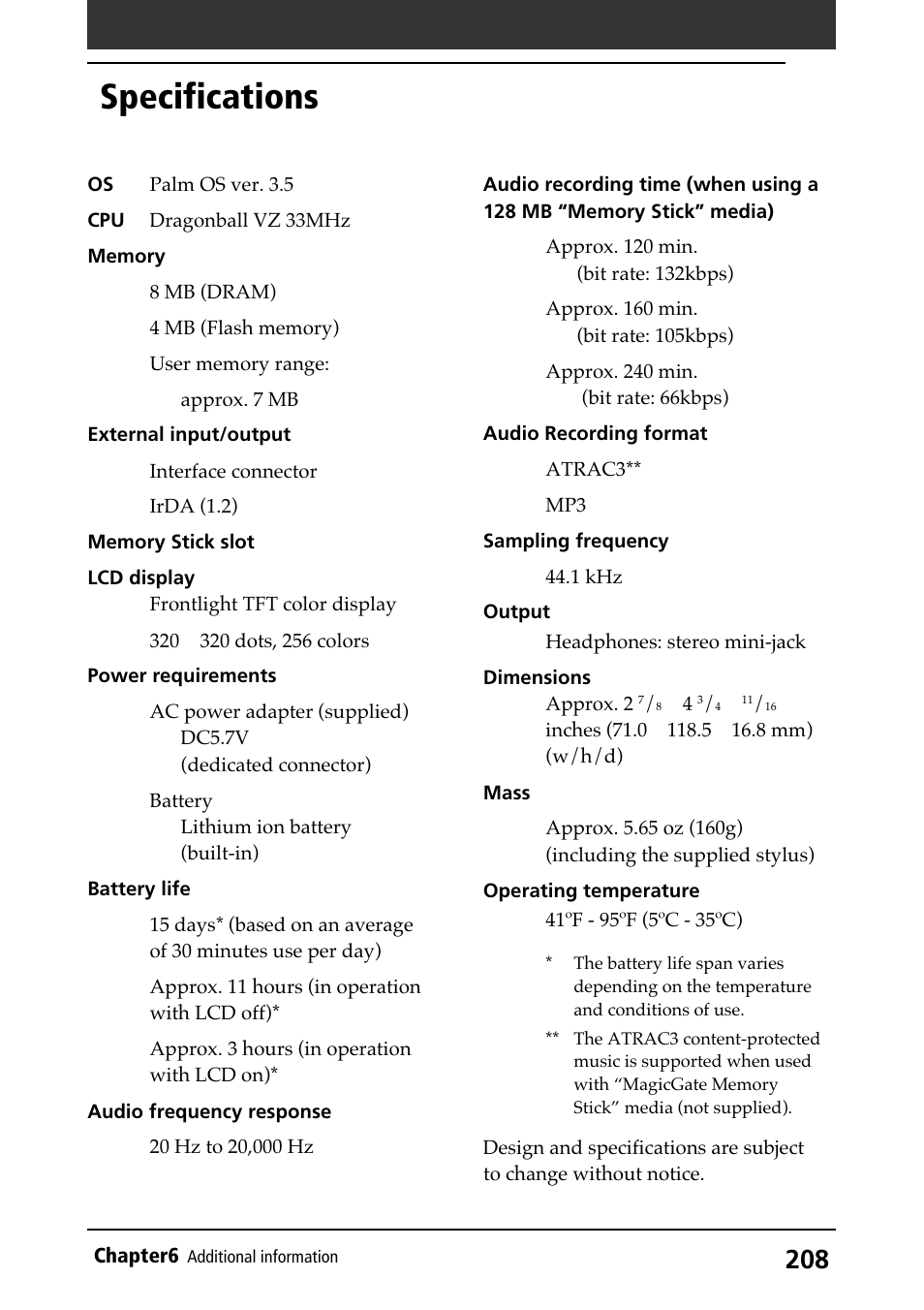 Specifications | Sony PEG-N710C User Manual | Page 208 / 218
